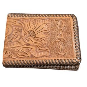 Vintage Handmade Tooled Brown Leather Wallet Western Floral Billfold Mens